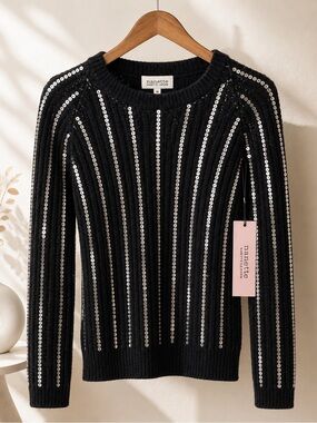 NWT Nanette Lepore Black Sequin Ribbed Knit Sweater Medium Party Holiday Glam